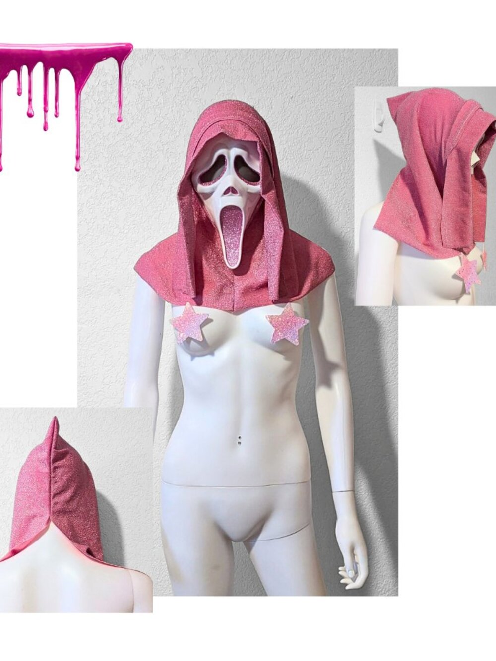 Pink Glitter Ghostface Rave Mask Pasties Set Y2K Camp Horror Slasher Costume